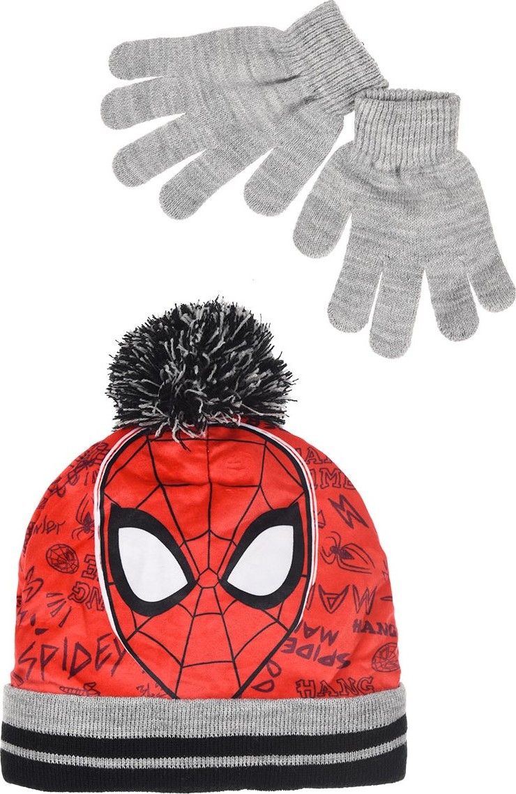 Spiderman červeno-sivý zimný set čiapky a rukavíc Veľkosť: 54