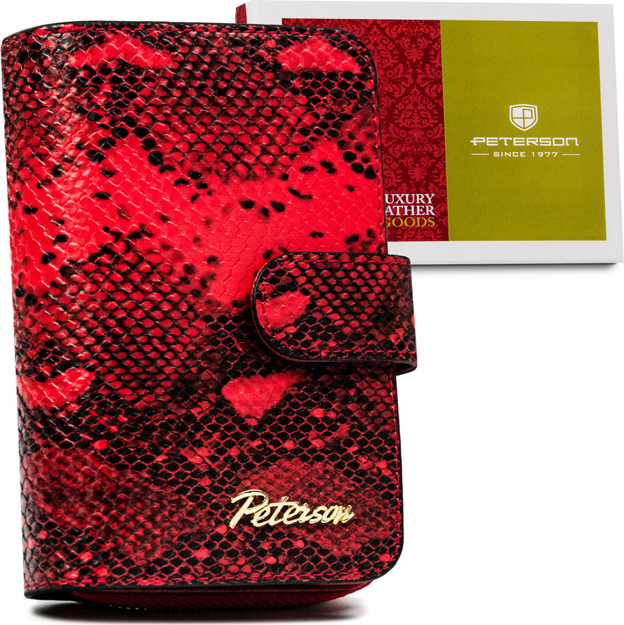 Peterson Červená kožená peňaženka s hadím vzorom Y289 Portfel skórzany PTN SM-602 Veľkosť: ONE SIZE