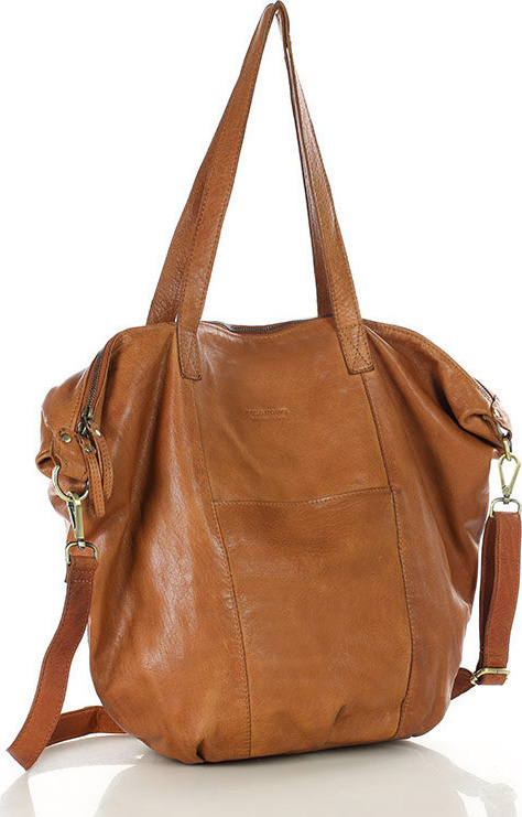 MARCO MAZZINI Karamelová kožená shopper bag s pletenou vsadkou (VS1b) Veľkosť: ONE SIZE