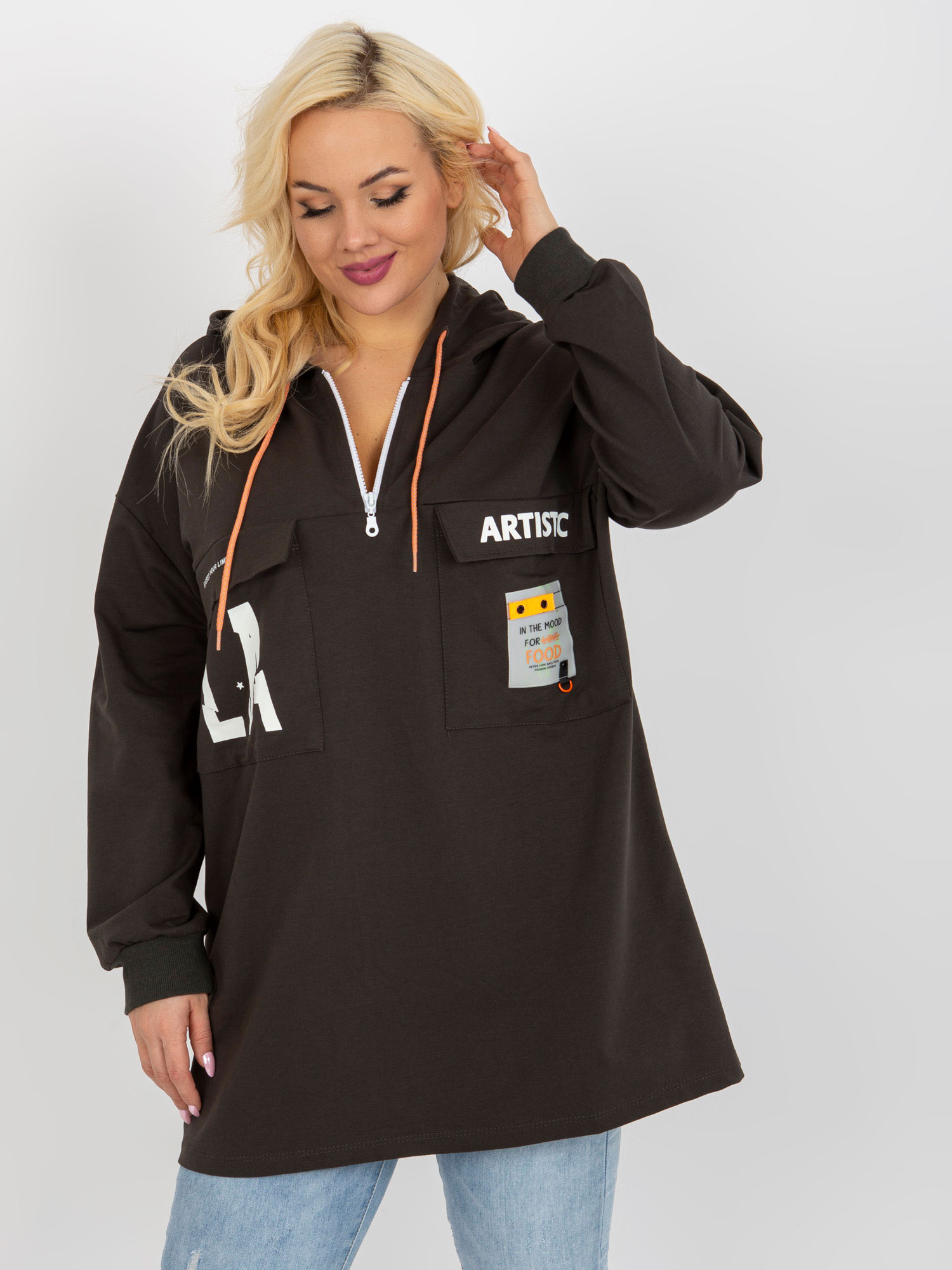 Tmavá khaki dlhšia dámska mikina s kapucňou -RV-BL-8258.34-tmavá khaki Veľkosť: ONE SIZE