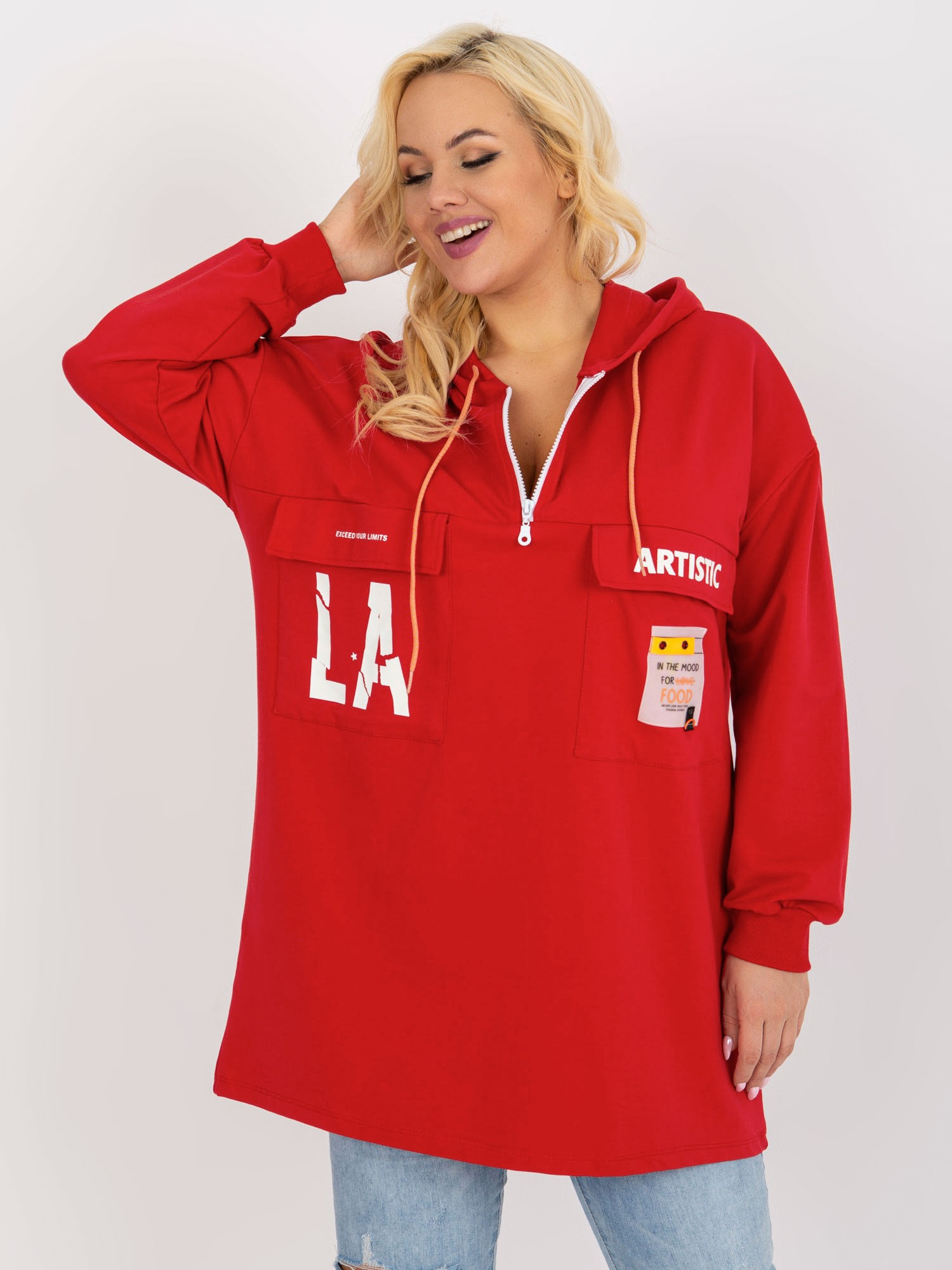 Červená dlhšia dámska mikina s kapucňou -RV-BL-8258.34-červená Veľkosť: ONE SIZE