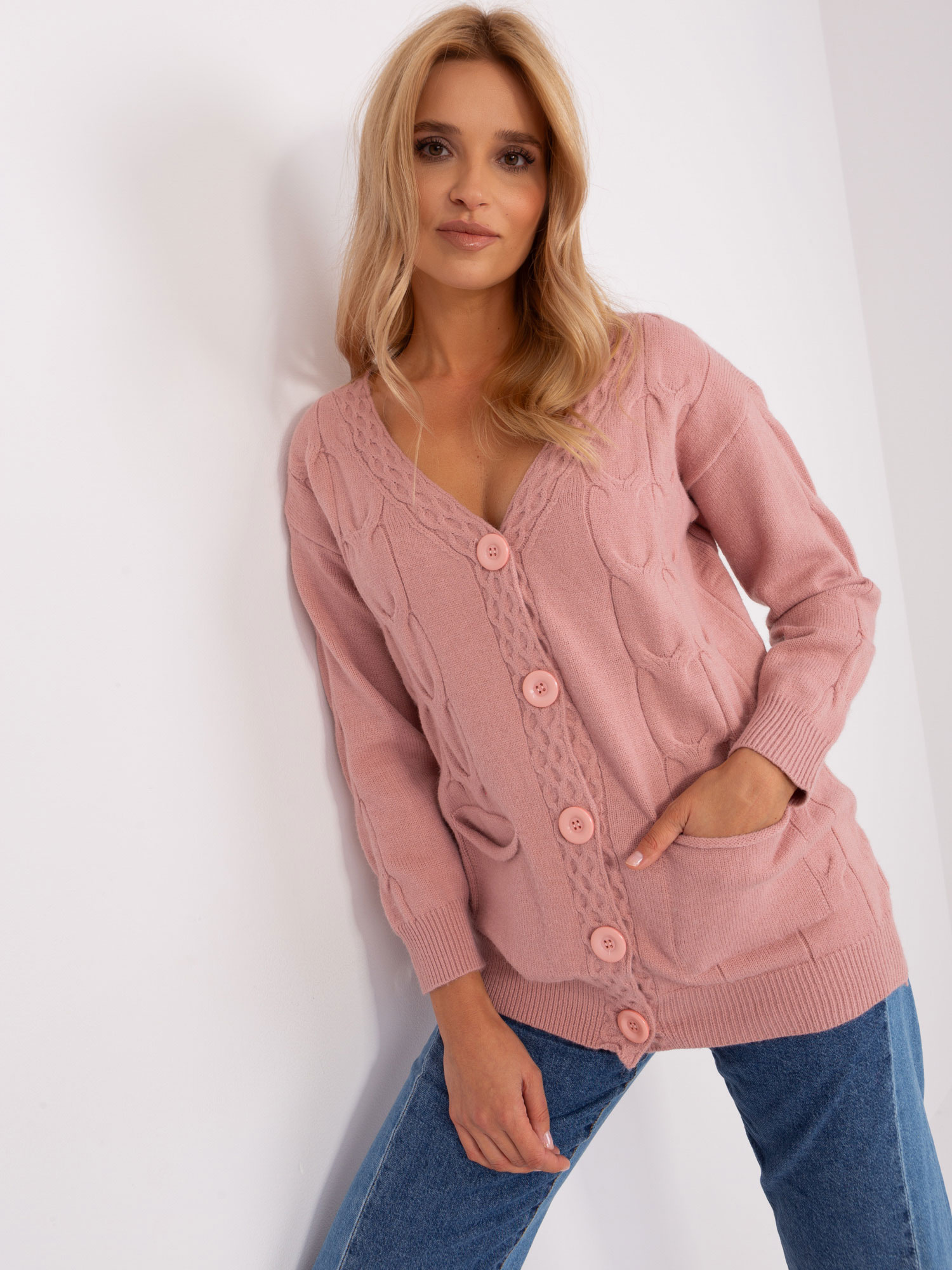 Svetloružový sveter na gombíky -AT-SW-2241.36P-svetlo ružový Veľkosť: ONE SIZE