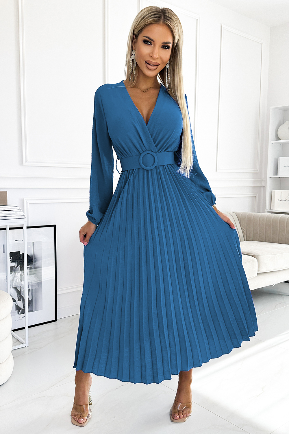 Modré plisované midi šaty VIVIANA 504-5 Veľkosť: ONE SIZE