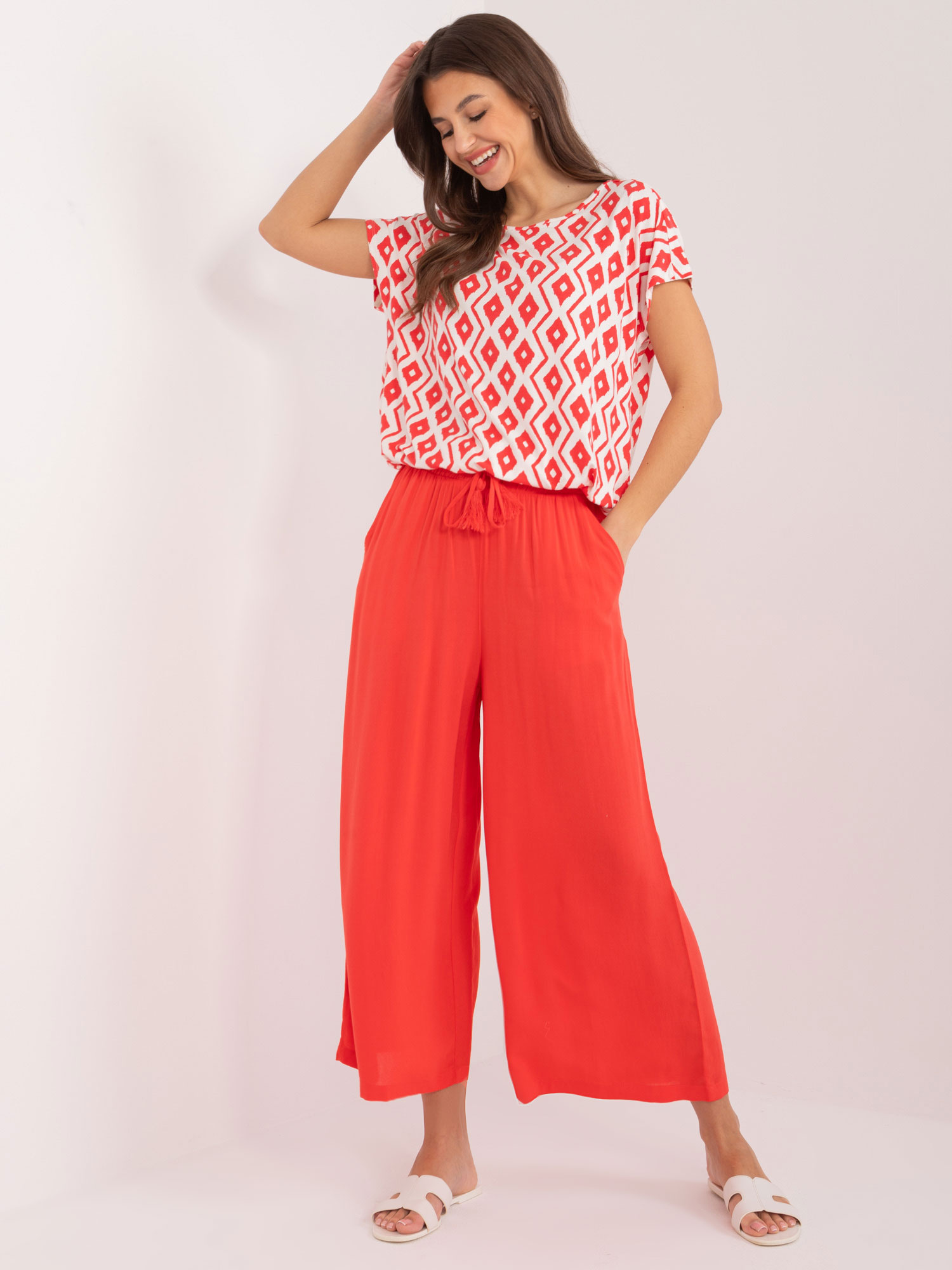 Koralové látkové široké nohavice D73761Z62237B-coral Veľkosť: S