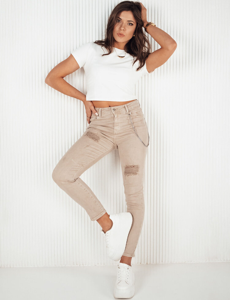 Tmavobéžové skinny džínsy s odreninami a ozdobnou retiazkou ALEX UY1876 Veľkosť: XL