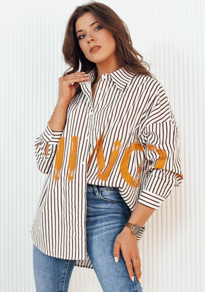 Bielo-hnedá pruhovaná dlhšia košeľa s nápisom JUDAL DY0408 Veľkosť: ONE SIZE