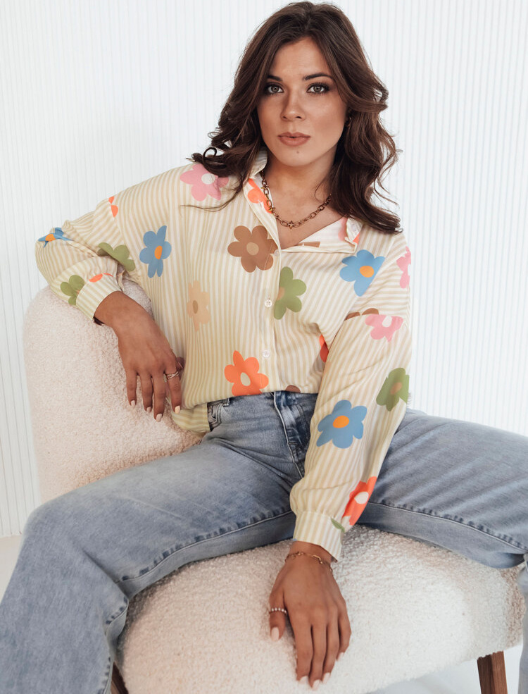 Bielo-béžová pruhovaná košeľa s farebnými kvetmi PLANTINA DY0401 Veľkosť: ONE SIZE