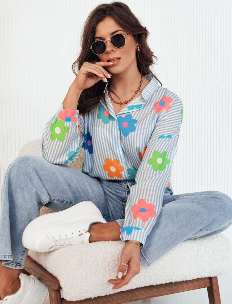 Modro-biela pruhovaná oversize košeľa s farebnými kvetmi PLANTINA DY0400 Veľkosť: ONE SIZE