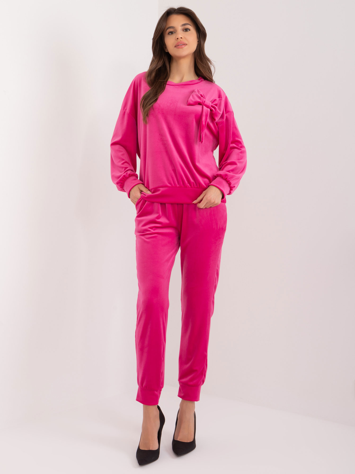 Tmavoružová velúrová súprava s mašľou DHJ-KMPL-8870.59-dark pink Veľkosť: ONE SIZE