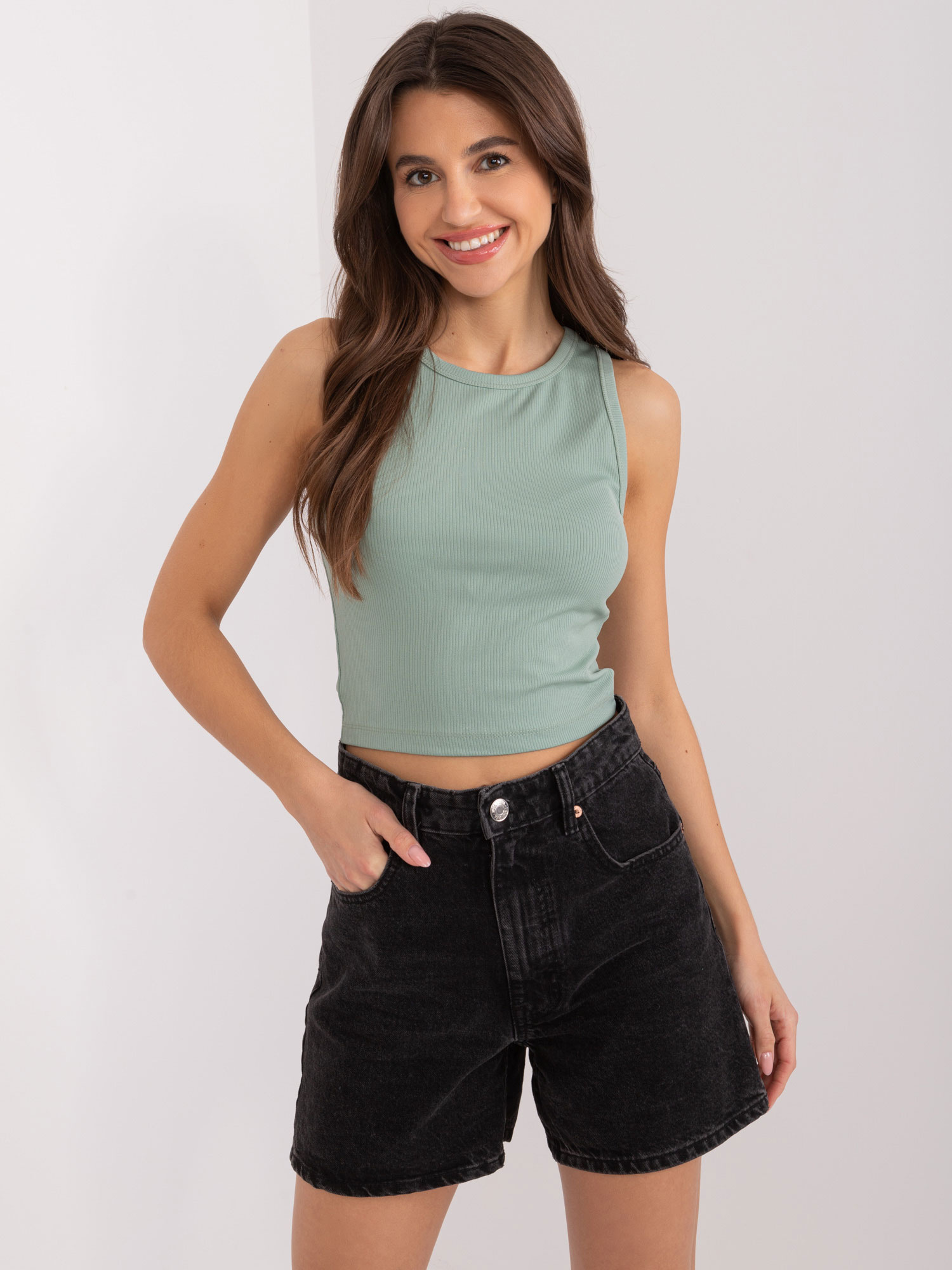 Pistáciový rebrovaný crop top EM-TP-780.66-pistachio Veľkosť: ONE SIZE