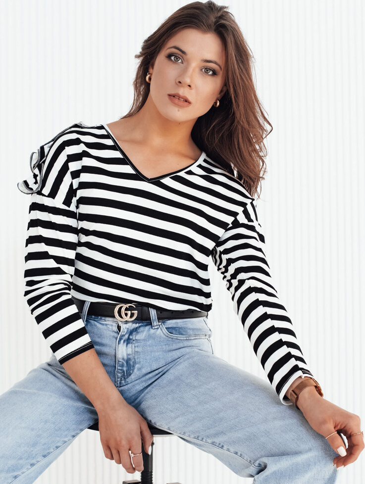 Čierno-biele pruhované tričko s volánikmi na ramenách HILAN RY2382 Veľkosť: ONE SIZE