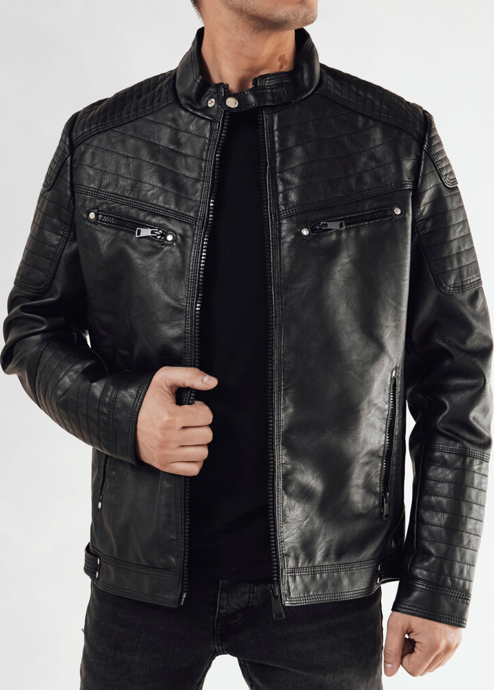 Čierna koženková prešívaná bunda TX4684 Veľkosť: M