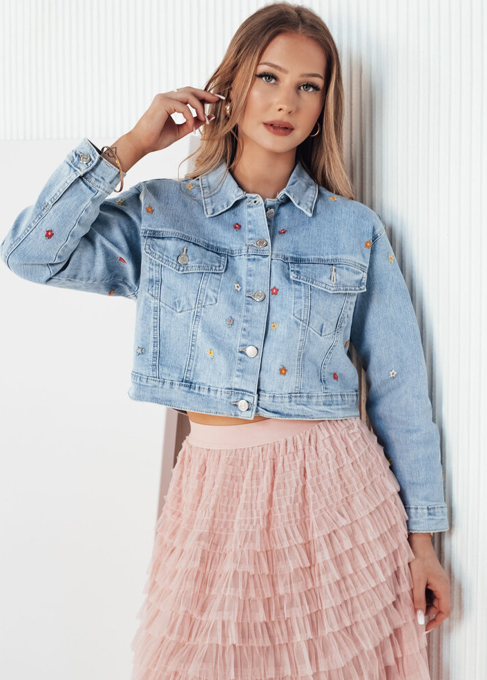 Svetlomodrá džínsová krátka bunda s kvetinami FINSEI TY4166 Veľkosť: S