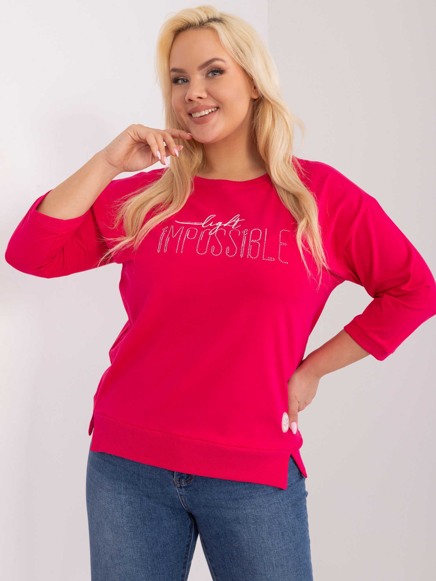 Tmavoružové tričko s nápisom a 3/4 rukávom RV-BZ-9417.69-dark pink Veľkosť: ONE SIZE