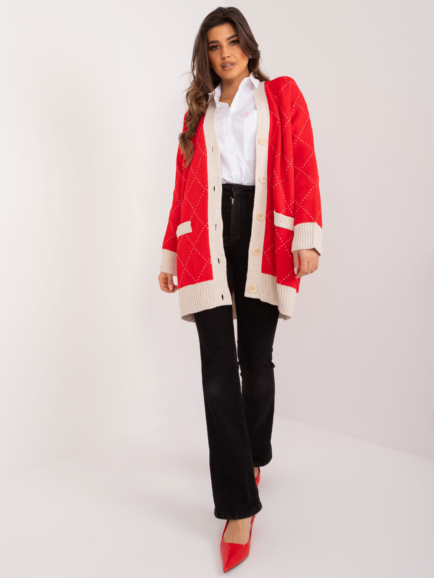 Červený dlhý sveter na gombíky -BA-SW-0258.19-red Veľkosť: ONE SIZE