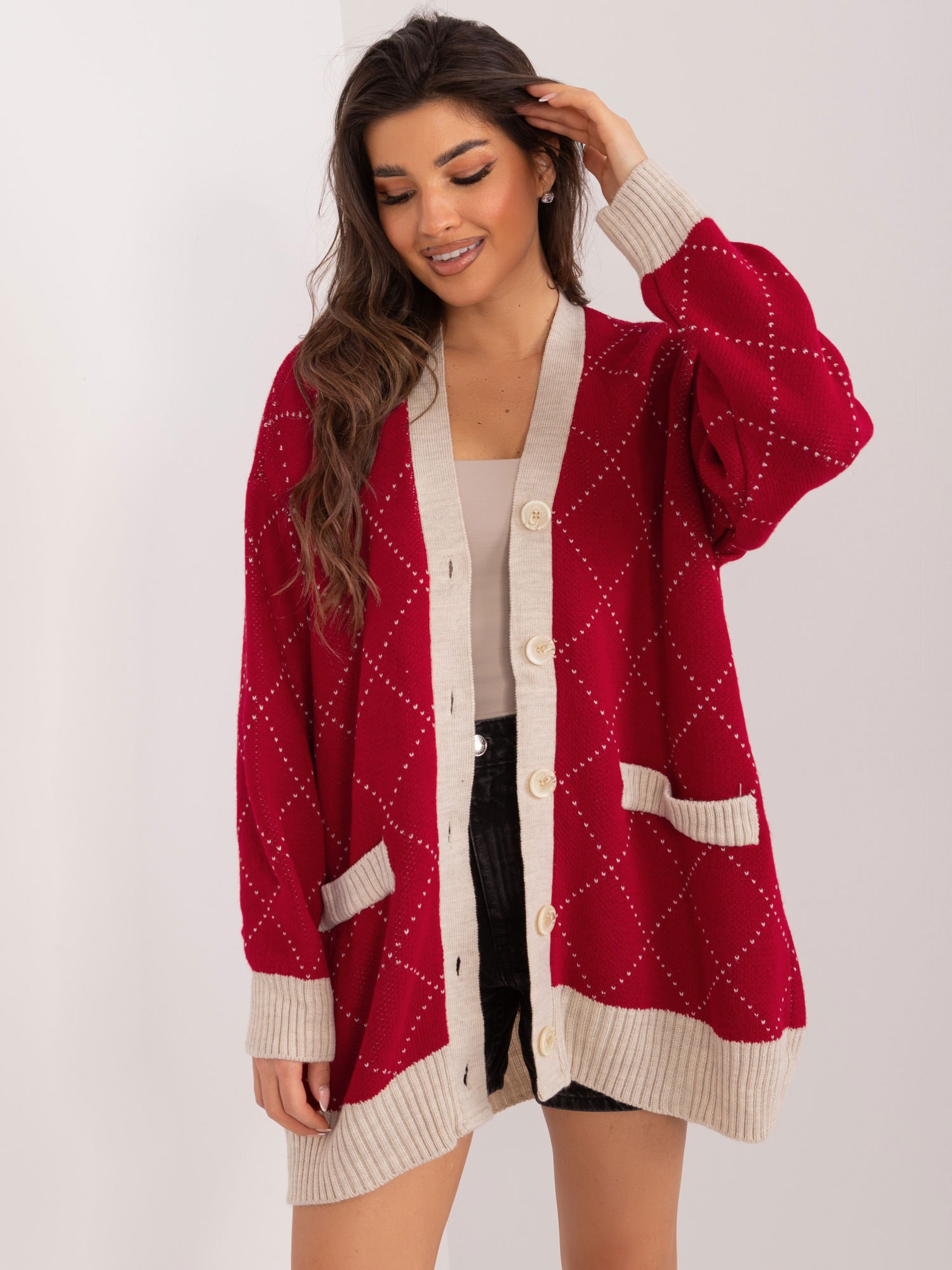 Vínový dlhý sveter na gombíky BA-SW-0258.19-bordo Veľkosť: ONE SIZE