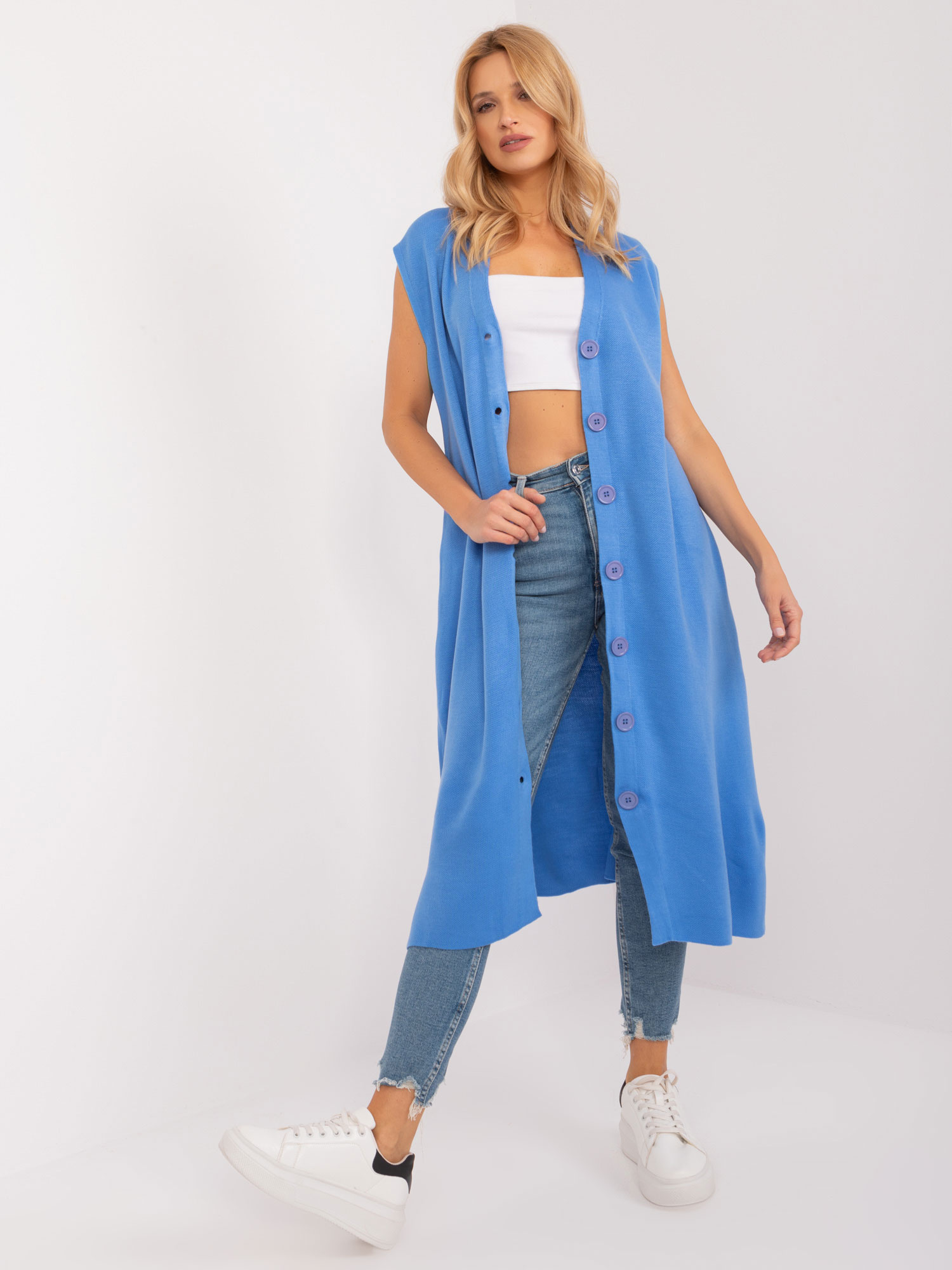 Modré pletené midi šaty na gombíky s rozparkami BA-SK-6109.07-blue Veľkosť: ONE SIZE