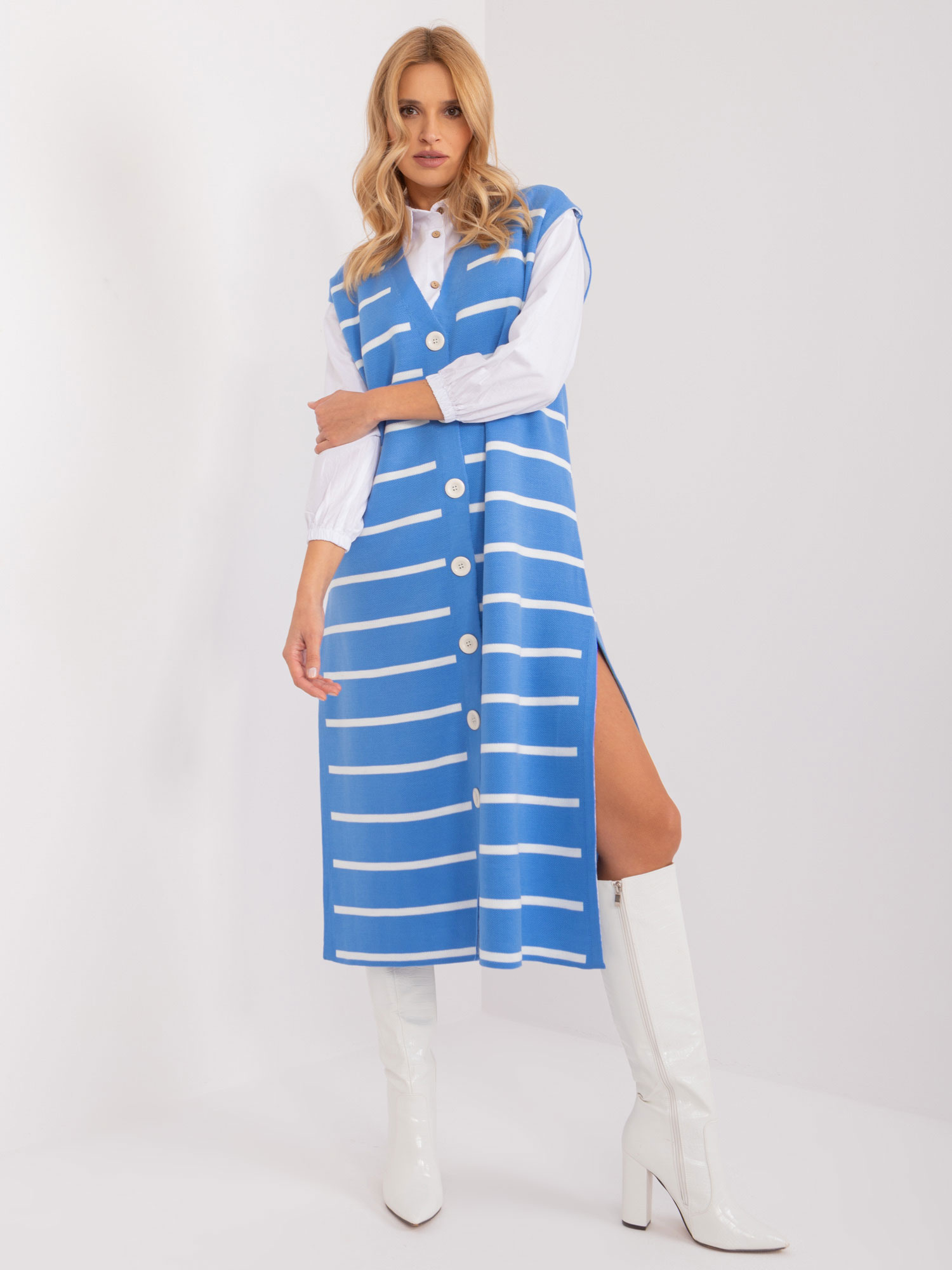 Modré pruhované midi šaty na gombíky s rozparkami BA-SK-6110.04-blue Veľkosť: ONE SIZE
