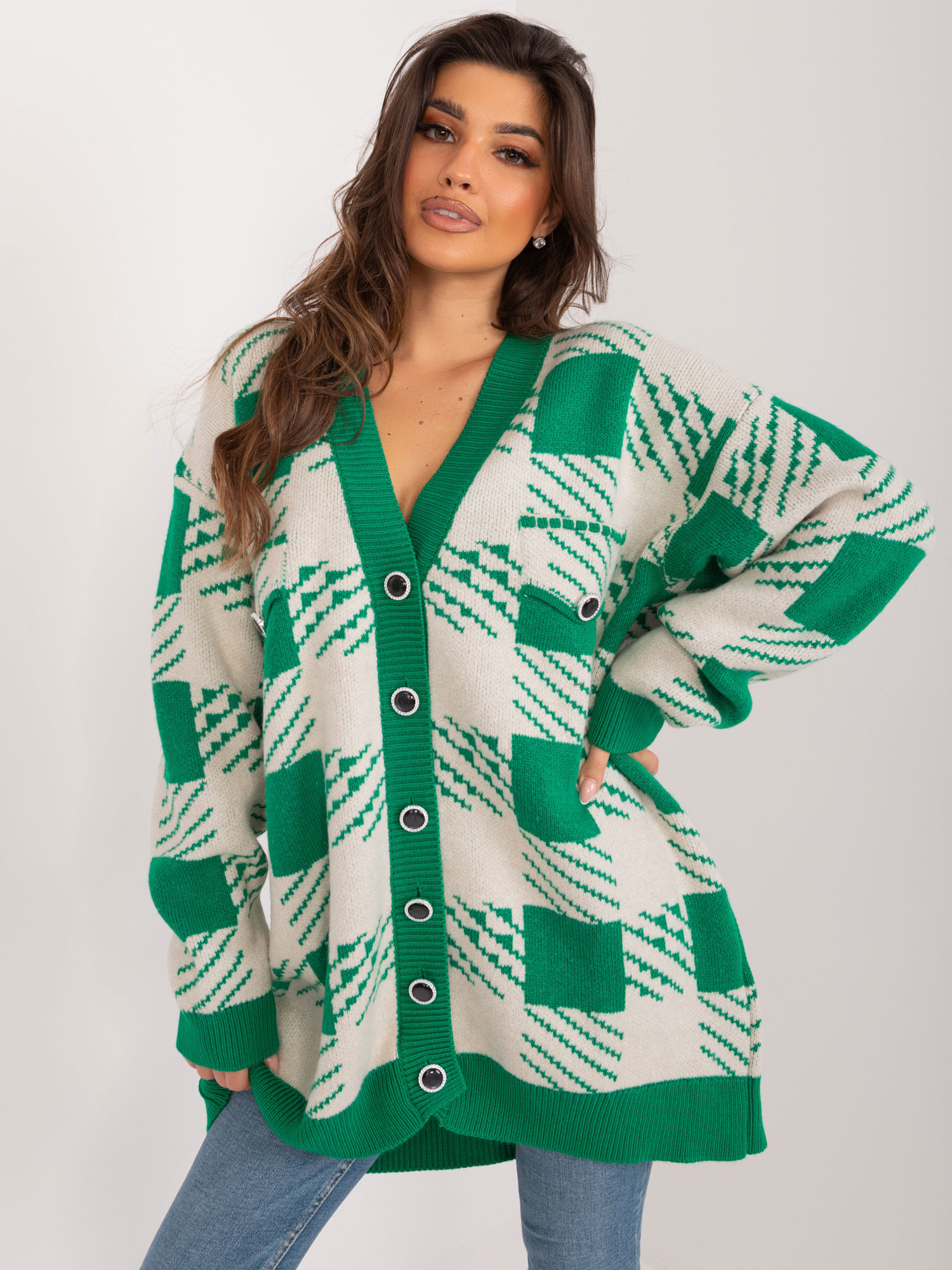 Zelený oversize vzorovaný sveter na gombíky BA-SW-0538.29-green Veľkosť: ONE SIZE