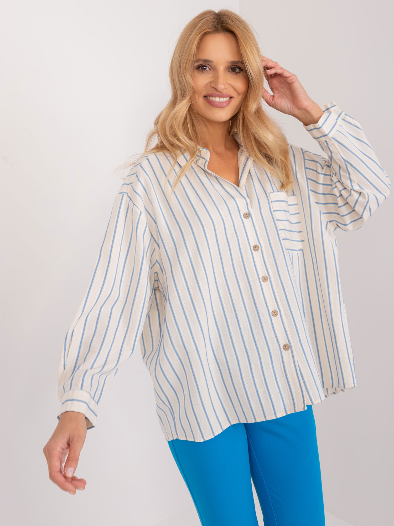 Smotanovo-modrá bavlnená pruhovaná košeľa BP-KS-1148-1.28-ecru-blue Veľkosť: XL