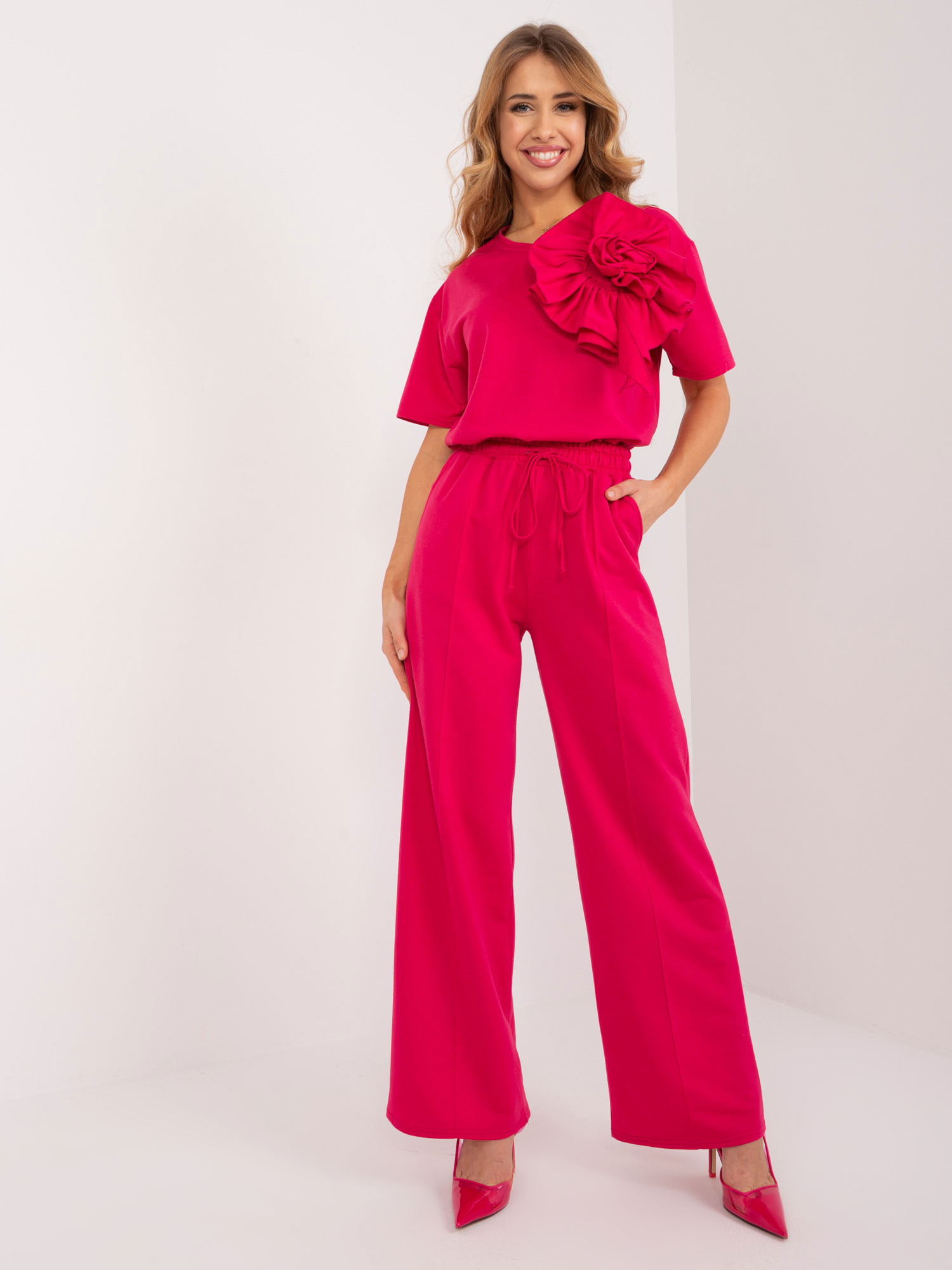 Tmavoružové široké nohavice s vysokým pásom -LK-SP-509586.39-dark pink Veľkosť: S/M