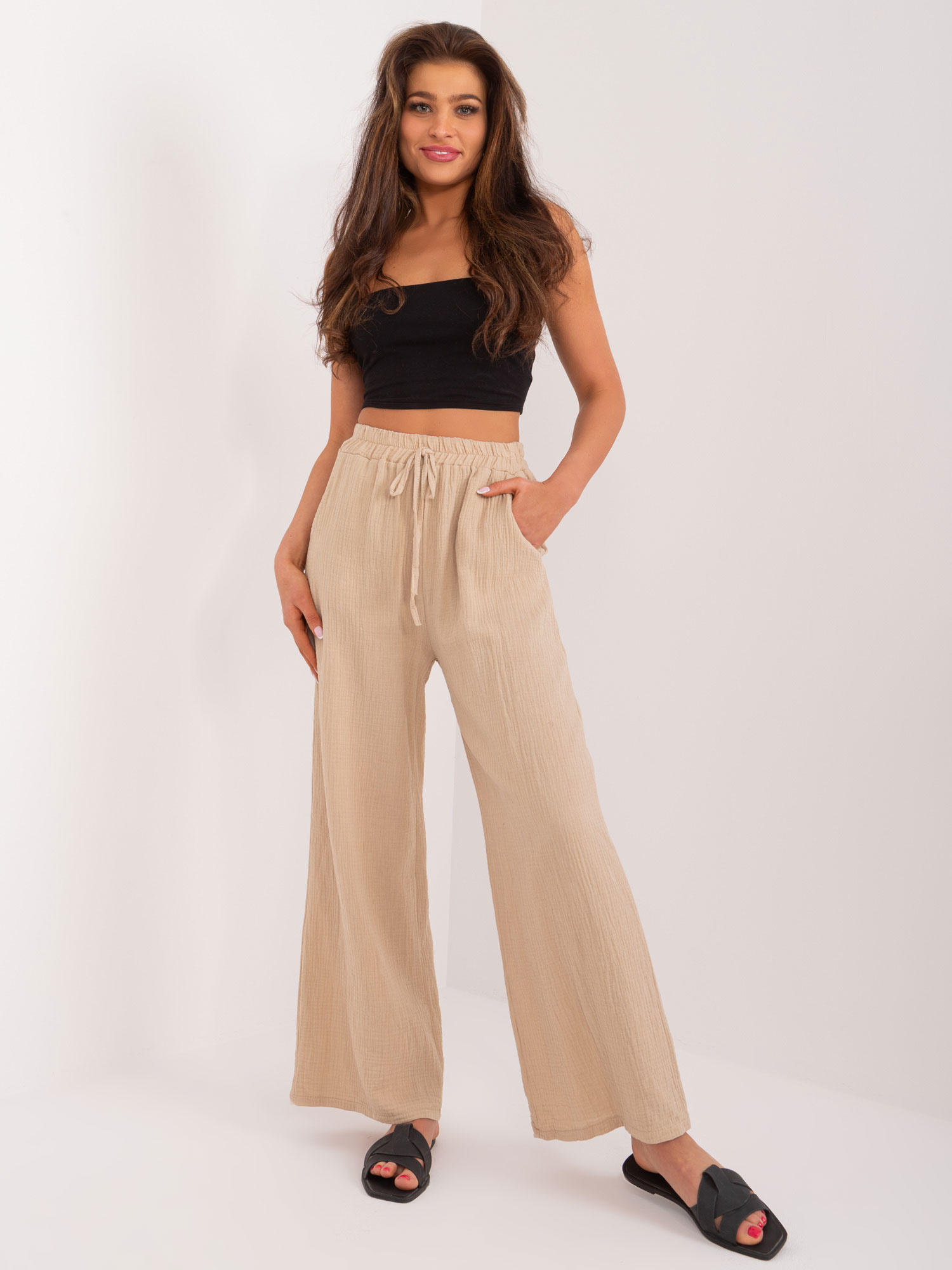 Béžové široké látkové nohavice s vreckami DHJ-SP-8229.84-beige Veľkosť: ONE SIZE