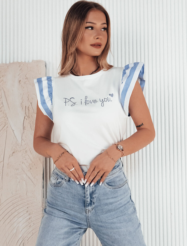 Biele tričko so svetlomodrými volánikmi na rukáve AMOURI RY2413 Veľkosť: M/L