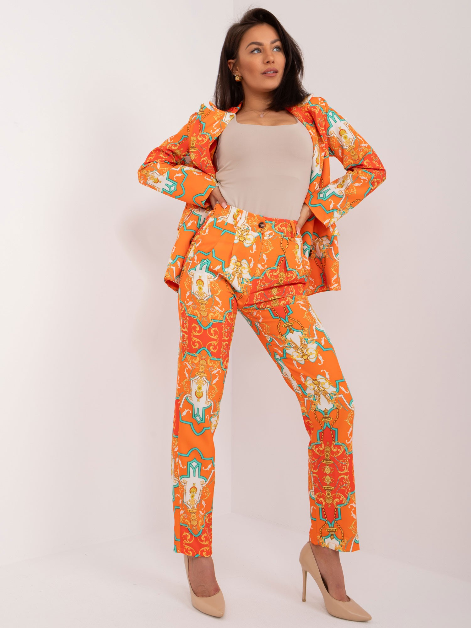 Oranžový vzorovaný komplet saka a nohavíc -DHJ-KMPL-17131.32X-orange Veľkosť: XL