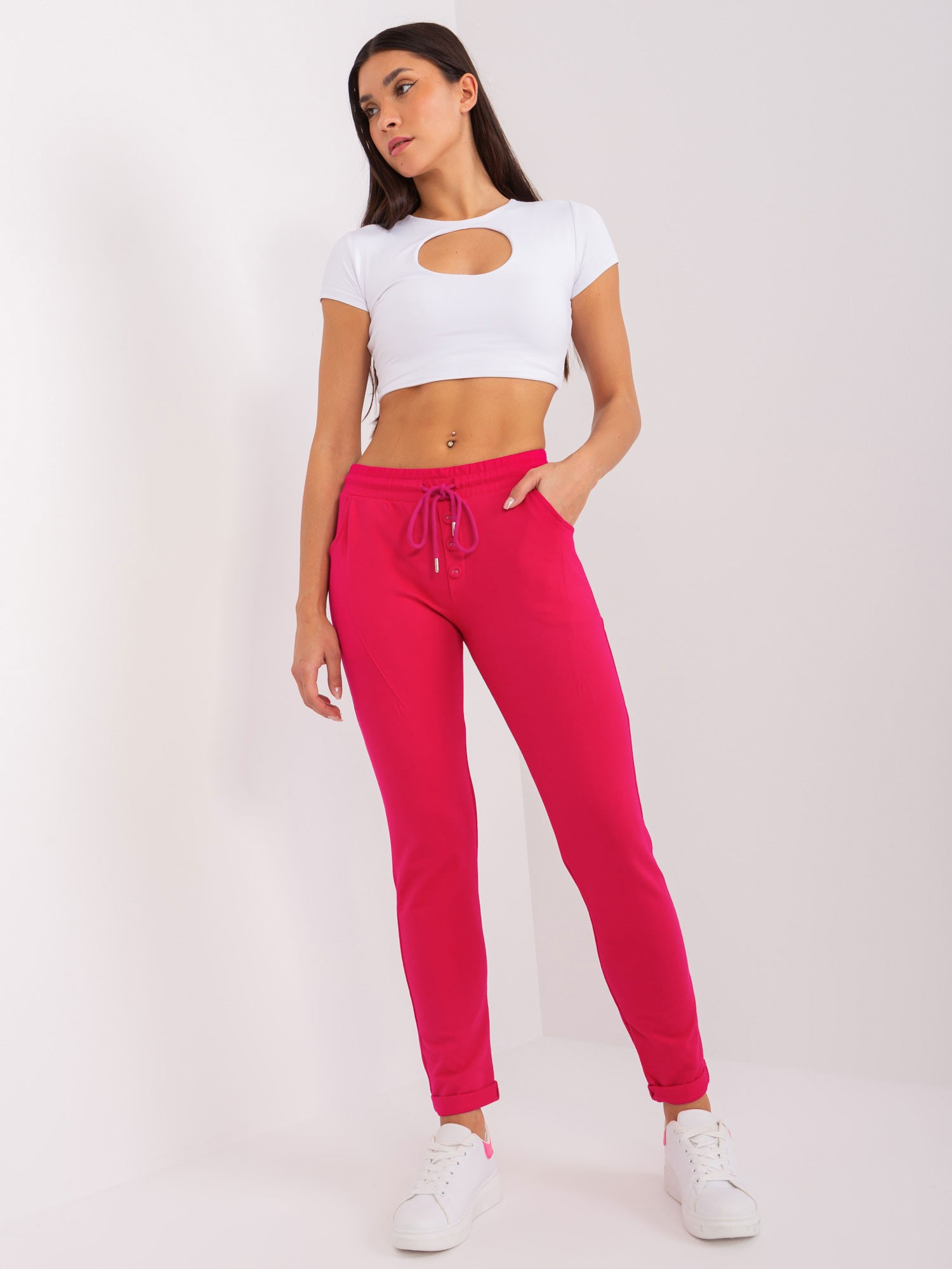 Tmavoružové tepláky s vysokým pásom RV-DR-8694.37-dark pink Veľkosť: L/XL