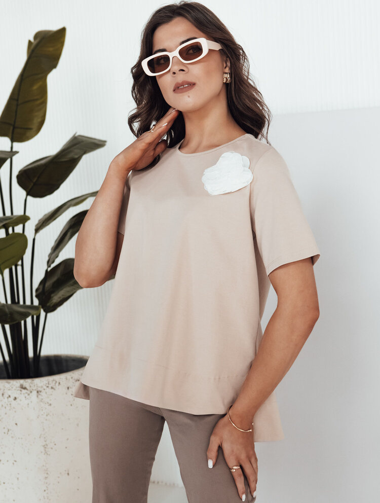 Béžové tričko s kvetinovou aplikáciou BINDA RY2484 Veľkosť: ONE SIZE