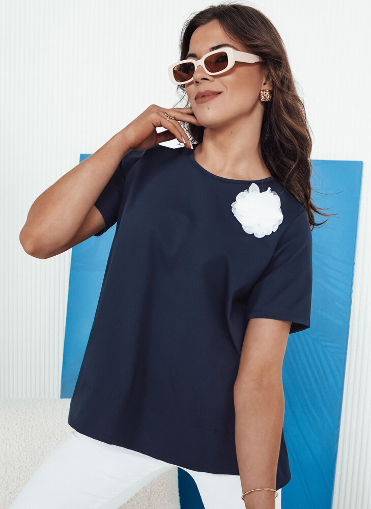 Tmavomodré tričko s kvetinovou aplikáciou BINDA RY2485 Veľkosť: ONE SIZE