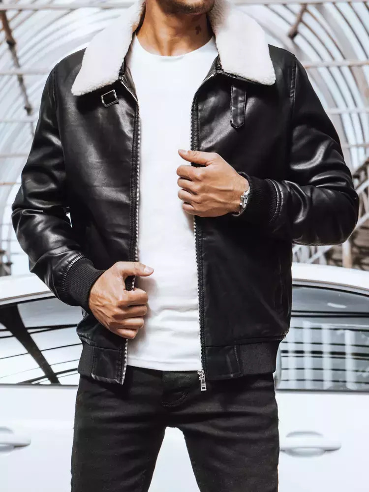 Čierna koženková bunda s golierom TX4233 Veľkosť: XL