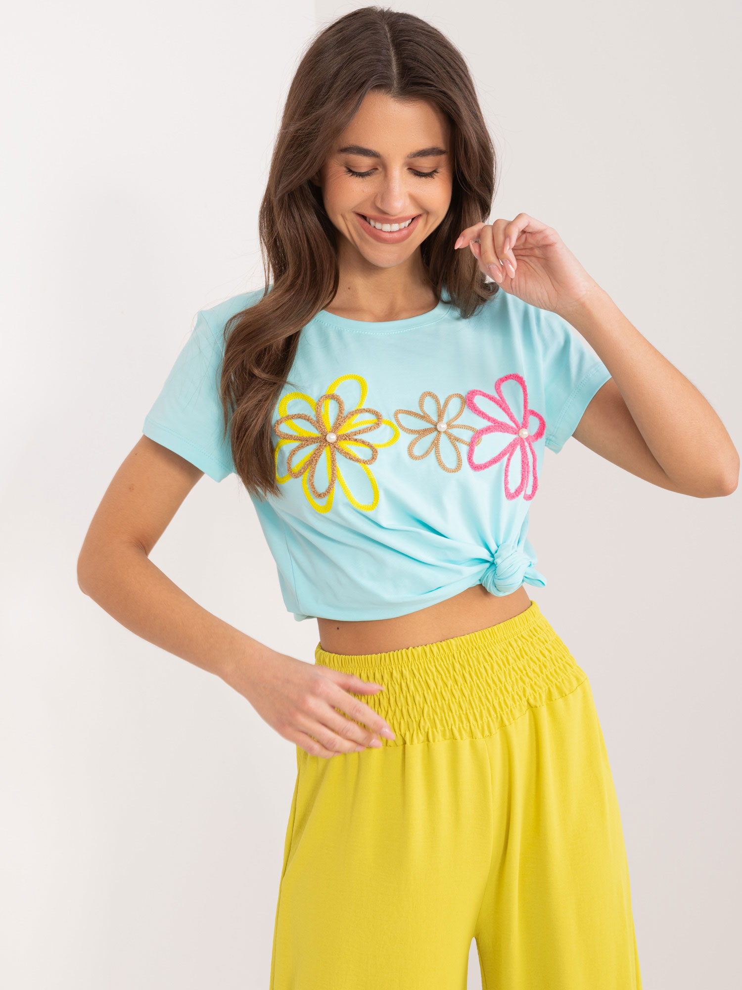 Mintové tričko s kvetinovou aplikáciou RV-TS-9648.98-mint Veľkosť: S/M