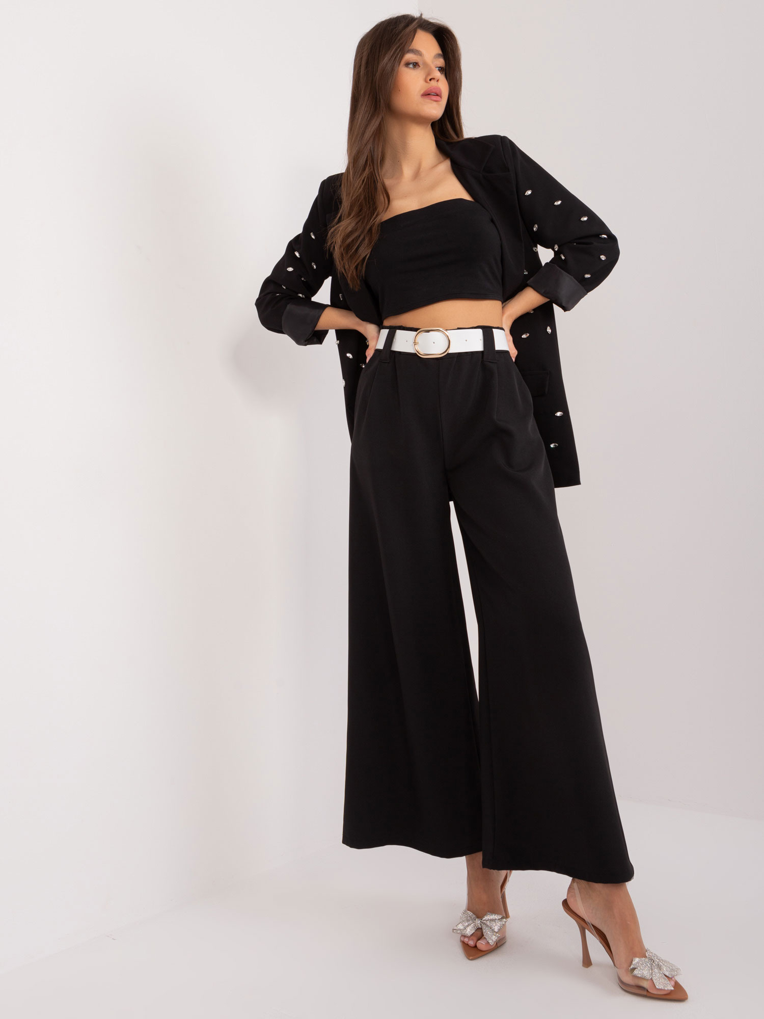 Béžové široké nohavice s pásikom DHJ-SP-5583.97-black Veľkosť: ONE SIZE