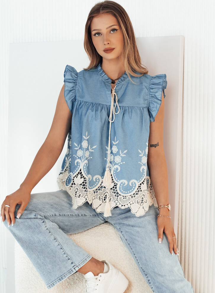 Modrá volánová blúzka s čipkou* FATRELA RY2452 Veľkosť: ONE SIZE