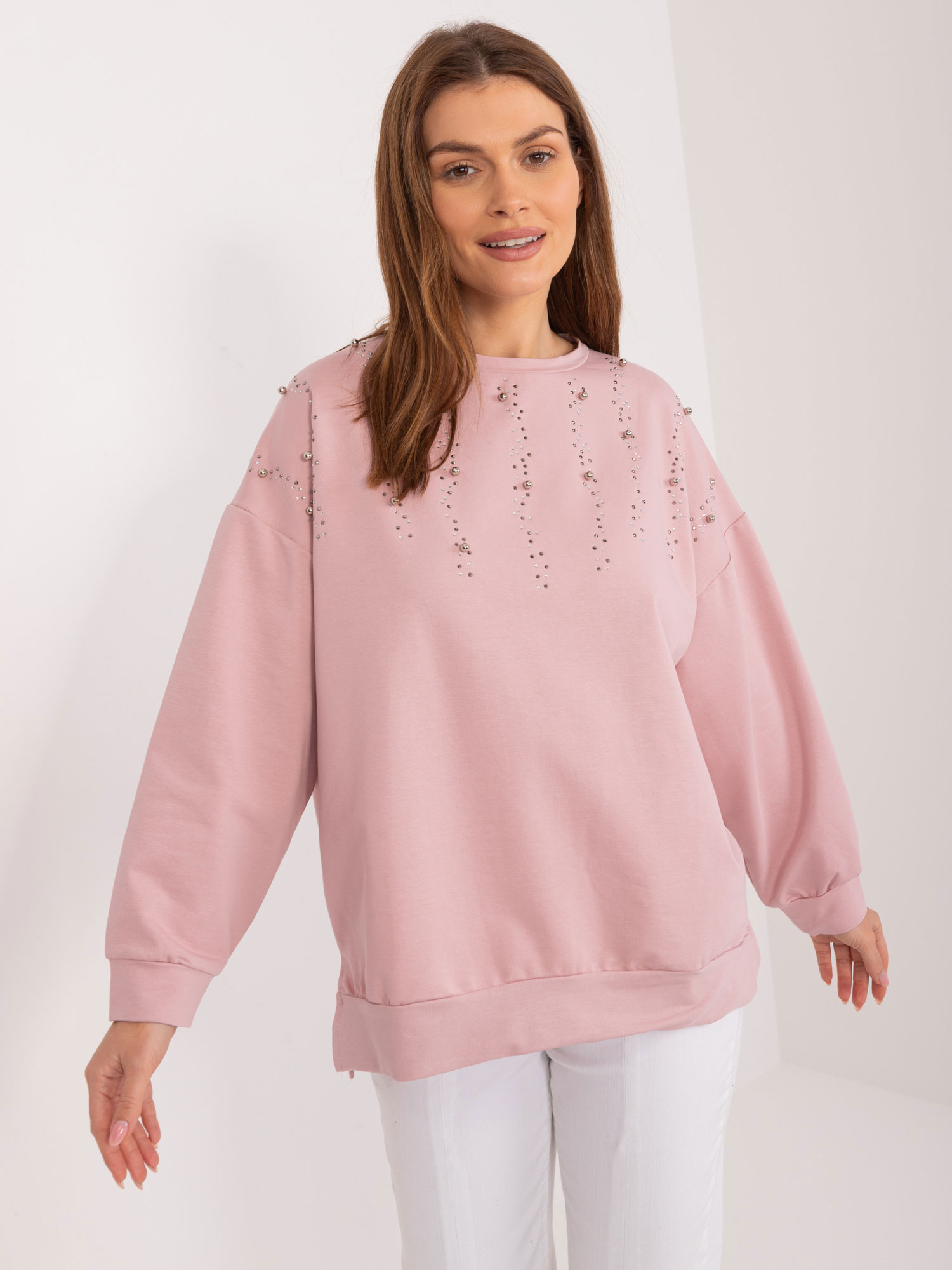 Ružová mikina s aplikáciou kamienkov FA-BZ-9292.39X-pink Veľkosť: ONE SIZE