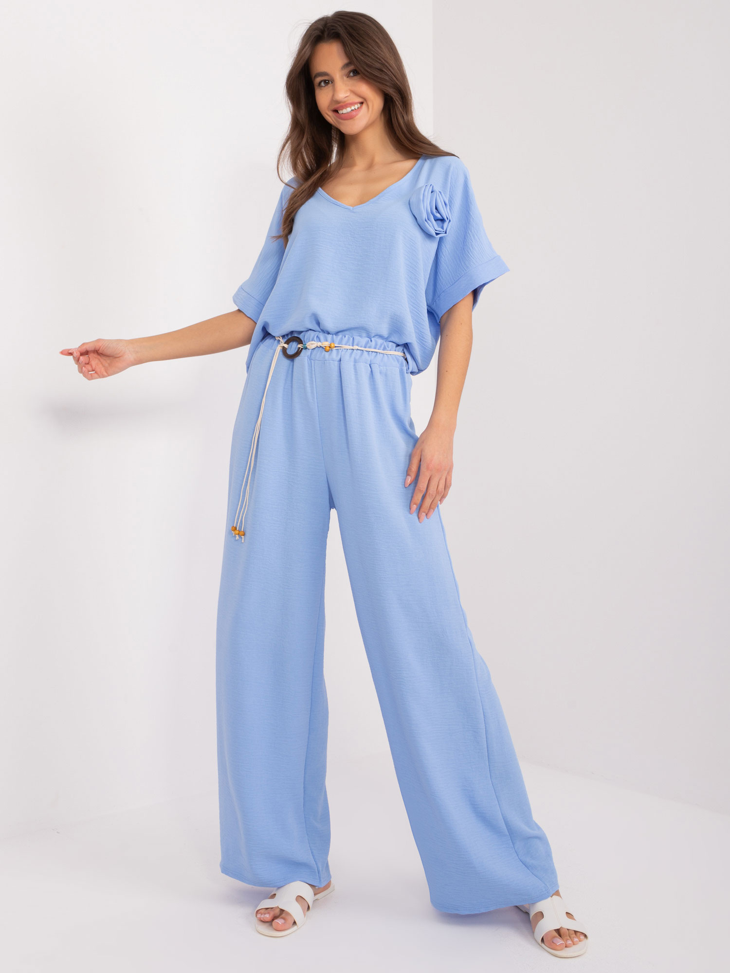 Svetlomodré rovné nohavice s vysokým pásom DHJ-SP-8927.19-light blue Veľkosť: ONE SIZE