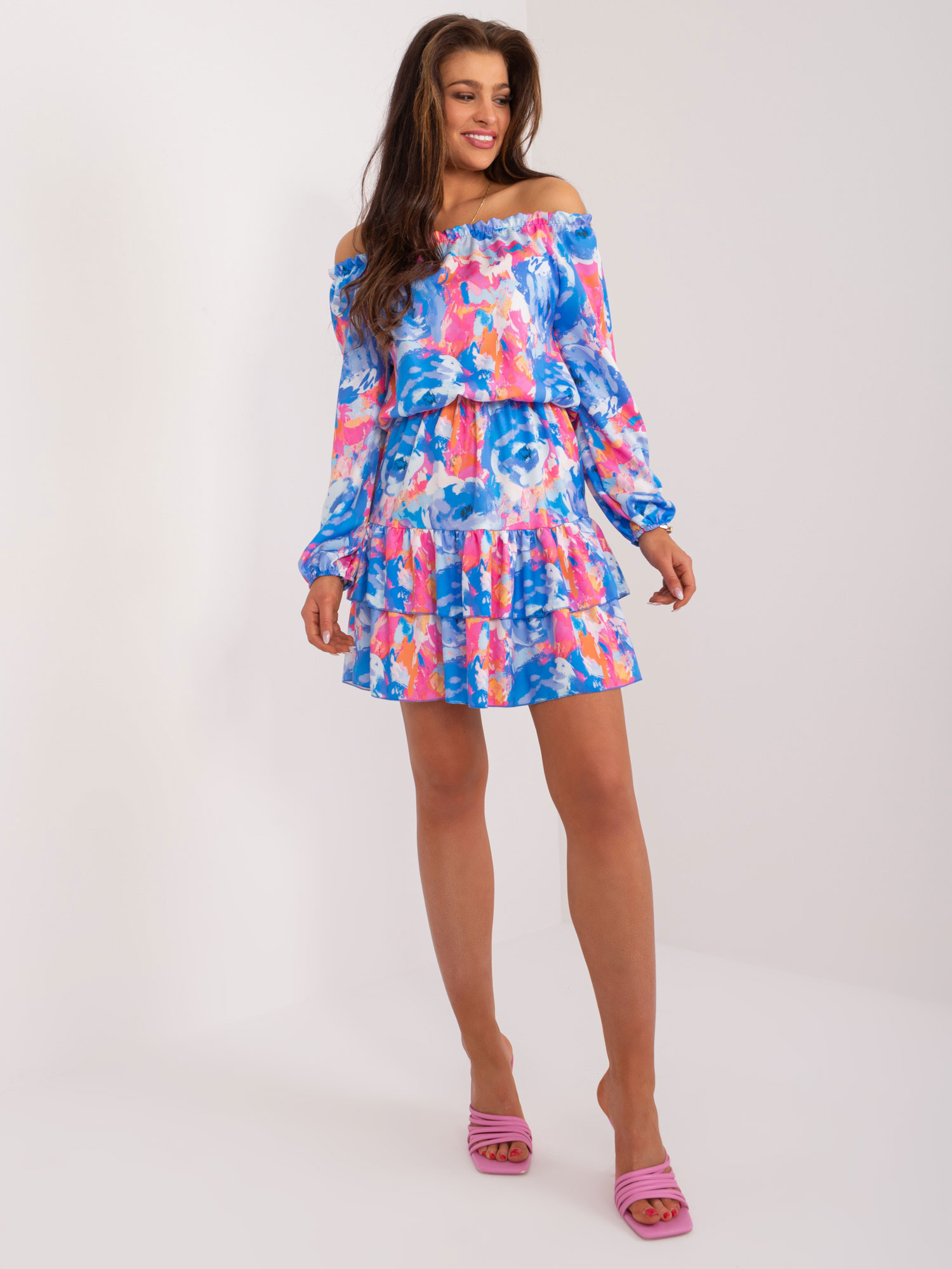 Modro-ružové vzorované šaty so spadnutými ramenami -WN-SK-8282.55-blue Veľkosť: S/M