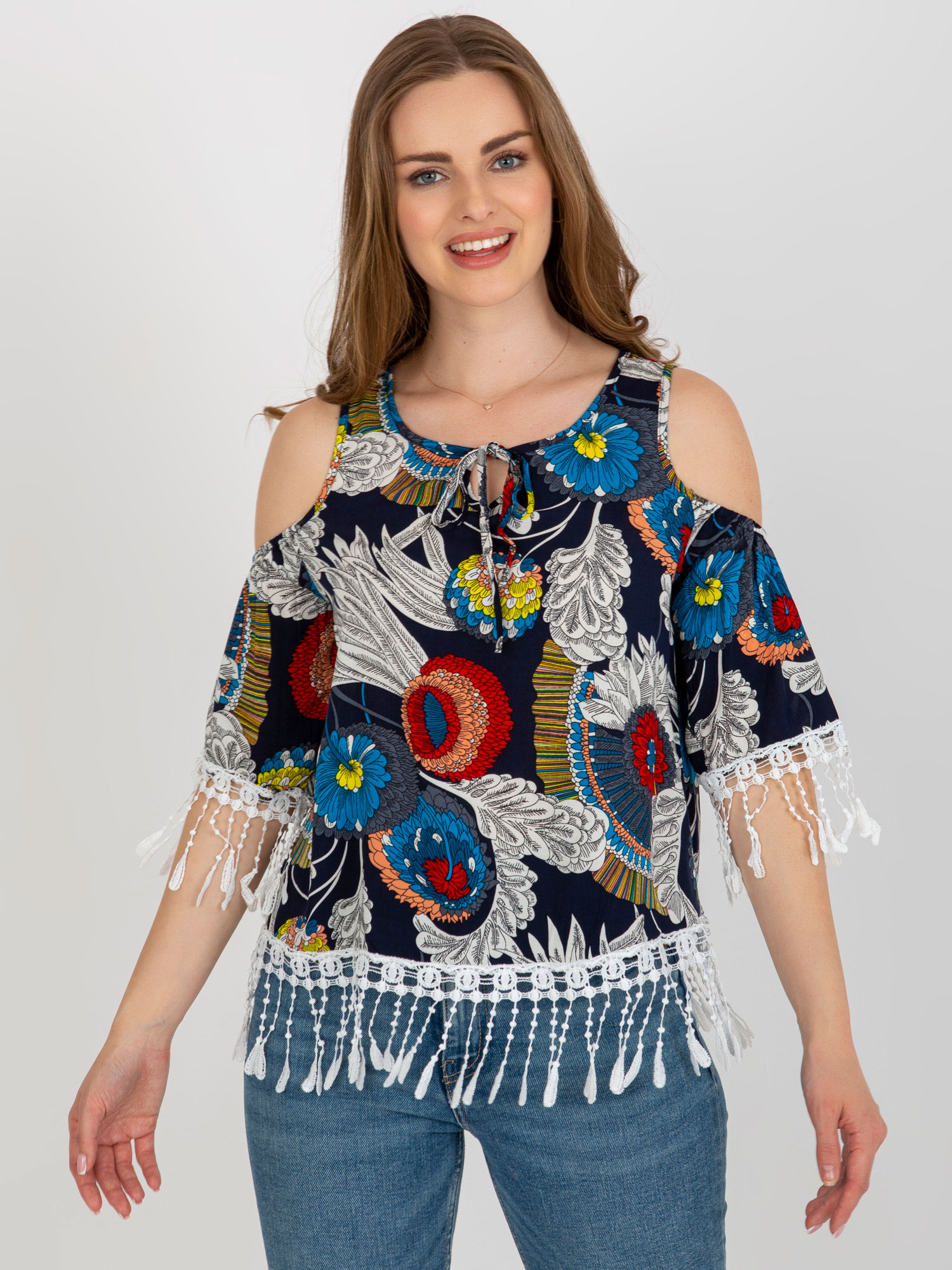 Tmavomodrý vzorovaný top so strapcami -AT-BZ-2601.67-dark blue Veľkosť: ONE SIZE