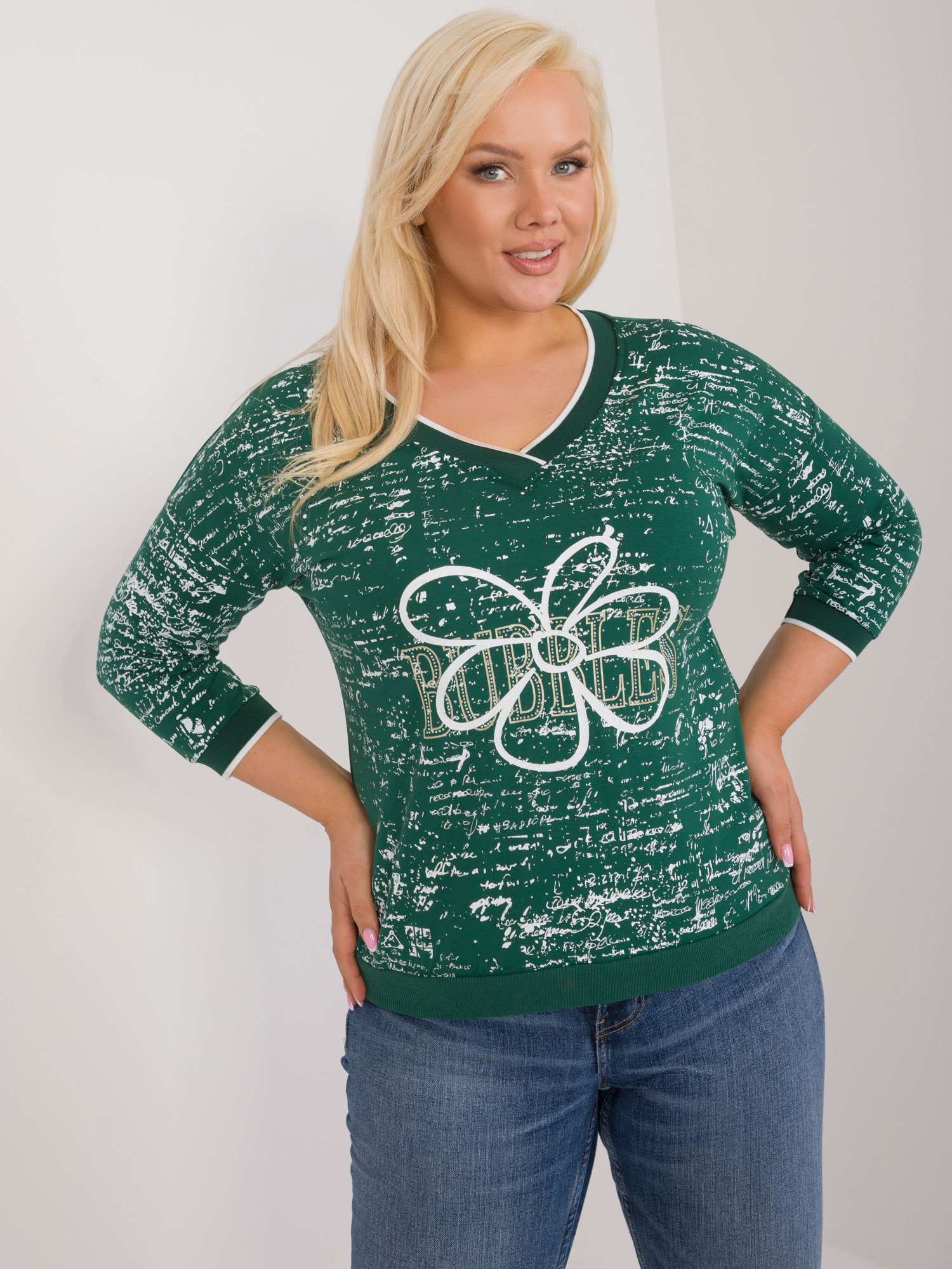 Tmavozelené tričko s potlačou a 3/4 rukávom RV-BZ-9442.27-dark green Veľkosť: ONE SIZE