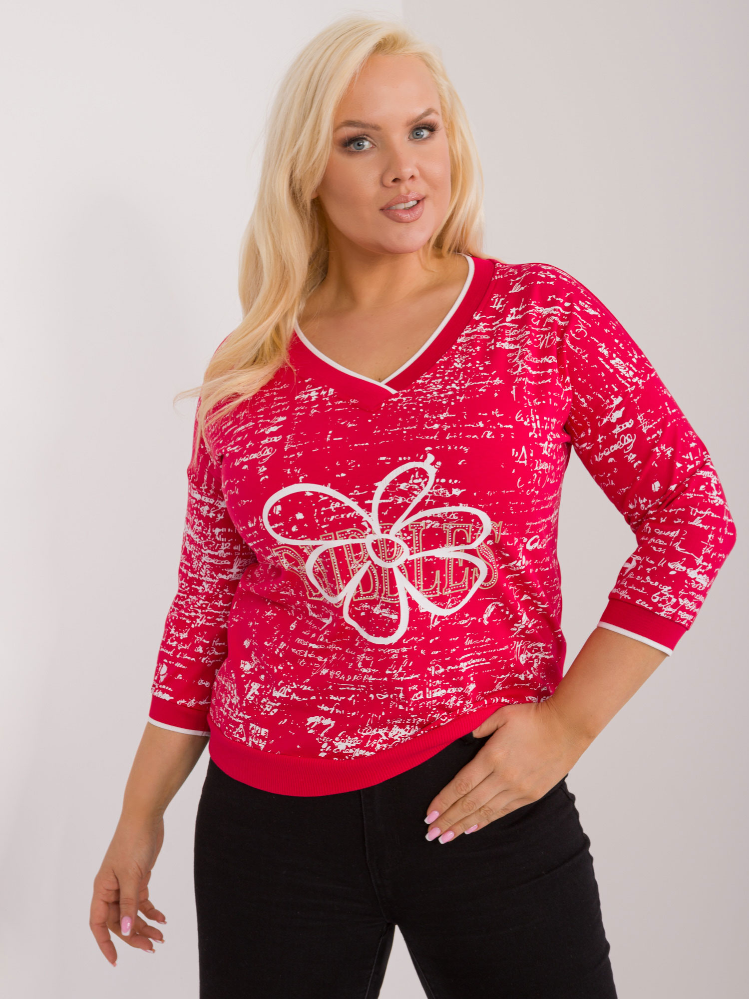 Červené tričko s potlačou a 3/4 rukávom -RV-BZ-9442.27-red Veľkosť: ONE SIZE