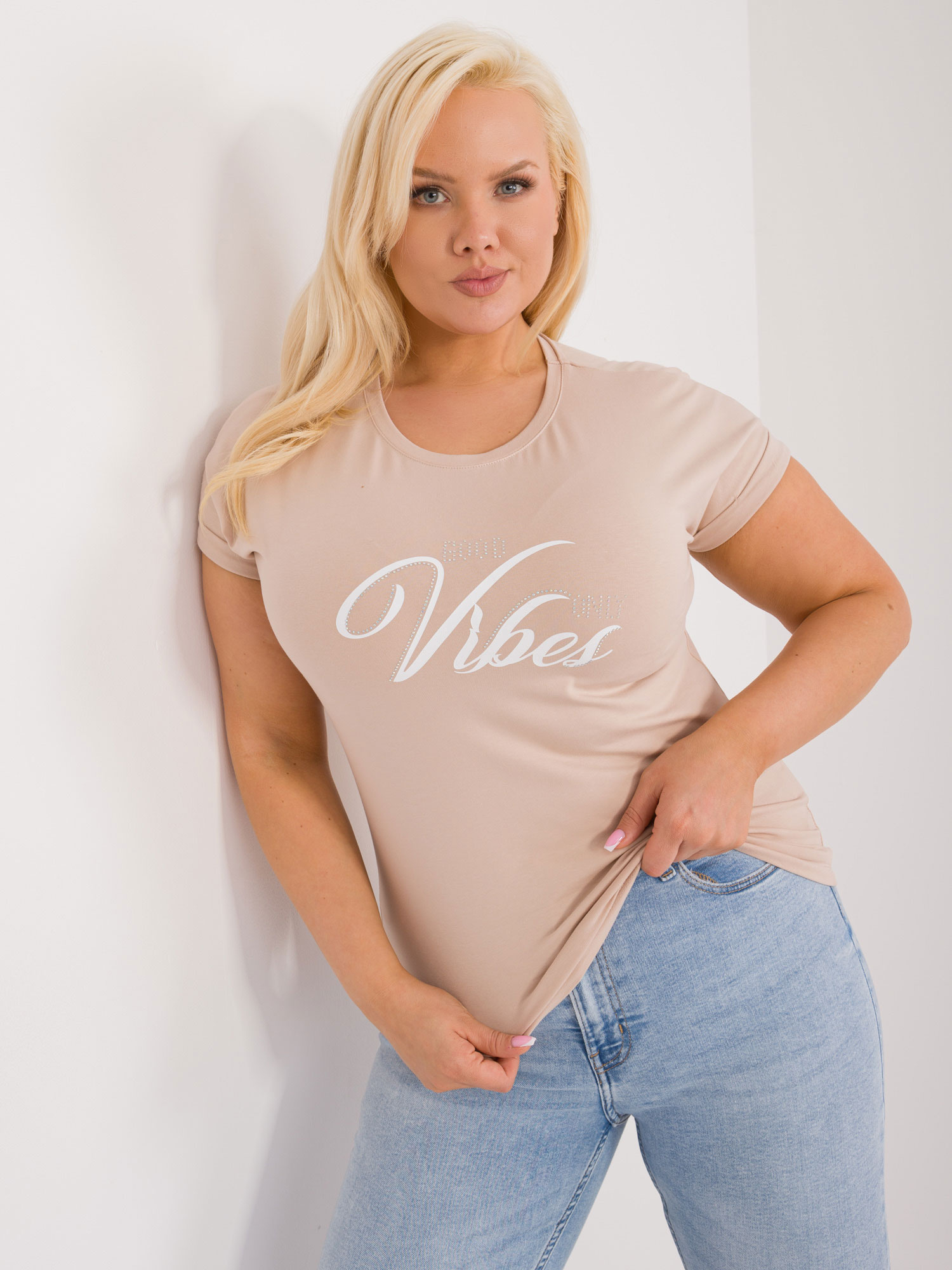 Béžové tričko s nápisom RV-TS-9475.60-beige Veľkosť: ONE SIZE