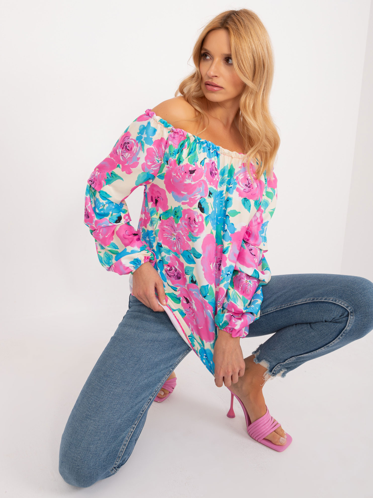 Modro-ružová blúzka s kvetinovou potlačou WN-BZ-8281.59-blue-pink Veľkosť: L/XL