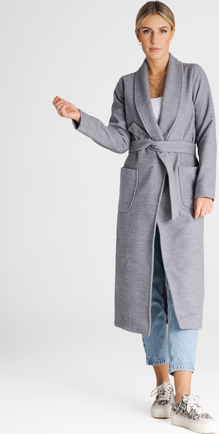 Sivý dlhý kabát s pásikom M991 grey Veľkosť: XS