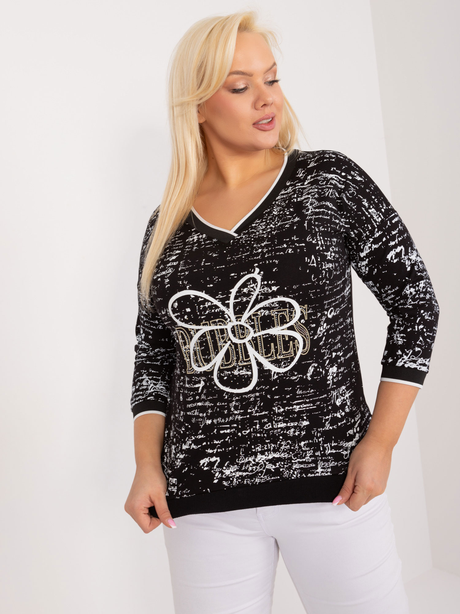 Čierne tričko s potlačou a 3/4 rukávom -RV-BZ-9442.27-black Veľkosť: ONE SIZE