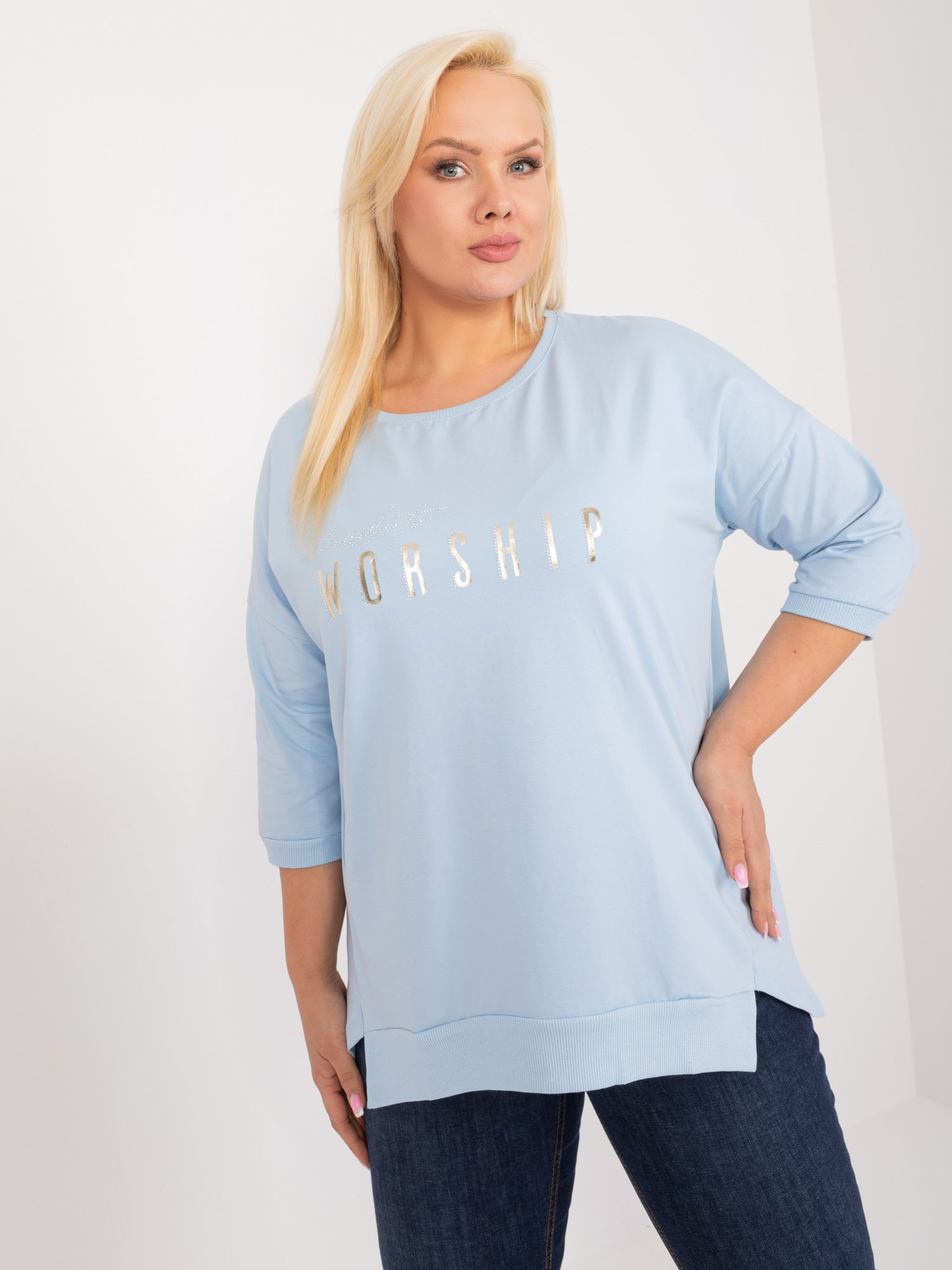 Svetlomodré tričko s nápisom WORSHIP RV-BZ-9449.76-light blue Veľkosť: ONE SIZE