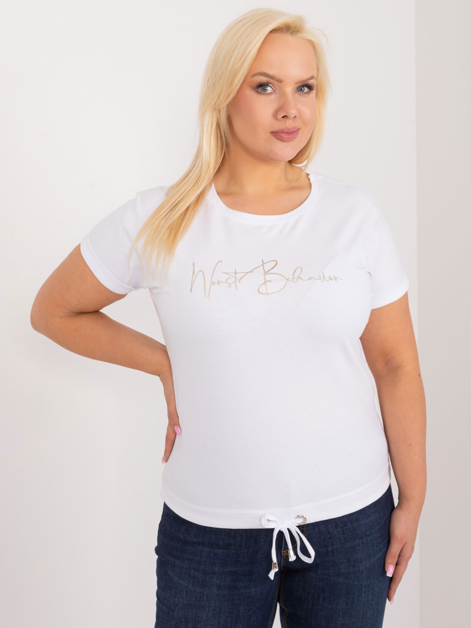 Biele tričko s nápisom a viazaním v páse RV-TS-9478.60-white Veľkosť: ONE SIZE