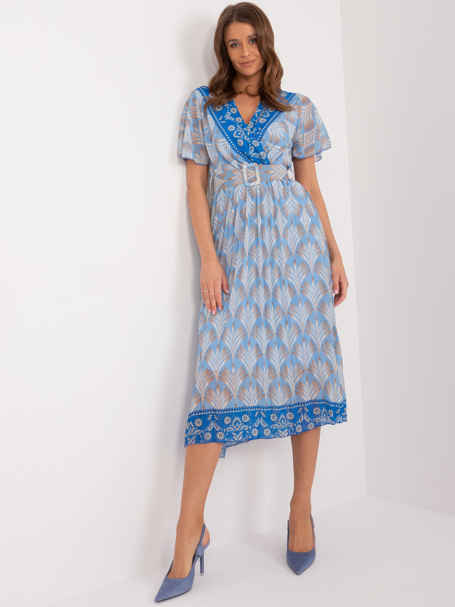 Modré vzorované midi šaty s pásikom -DHJ-SK-11331-7.71-blue Veľkosť: ONE SIZE