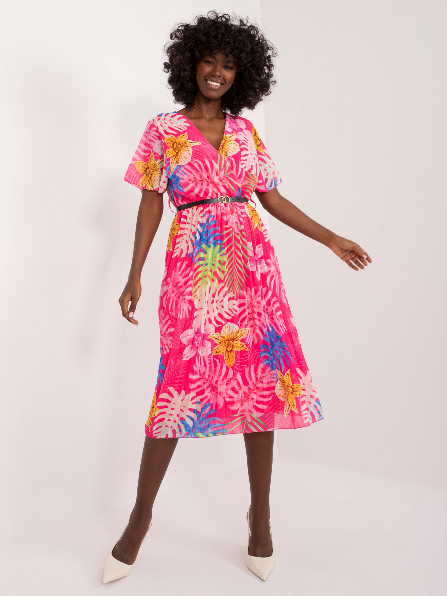 Tmavoružové vzorované midi šaty s opaskom -DHJ-SK-13162-3.90-dark pink Veľkosť: ONE SIZE