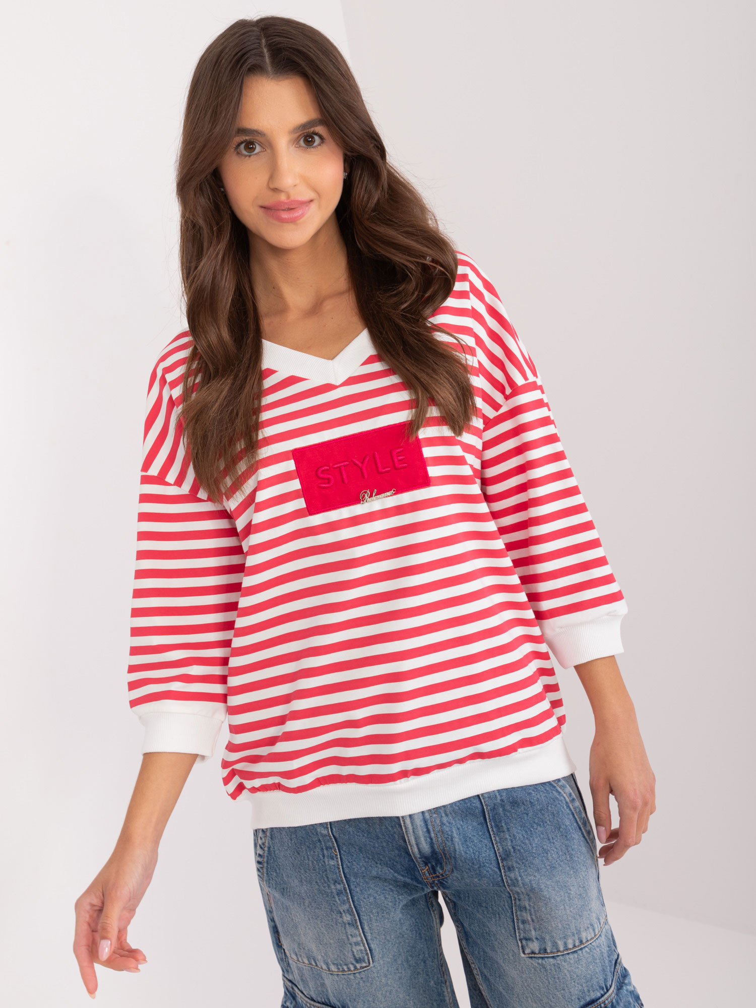 Červeno-biele pruhované tričko s výstrihom a 3/4 rukávom RV-BZ-9579.70-white-red Veľkosť: ONE SIZE